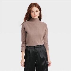a new day Women's Long Sleeve Mock Turtleneck T-Shirt, Taupe, Size Medium